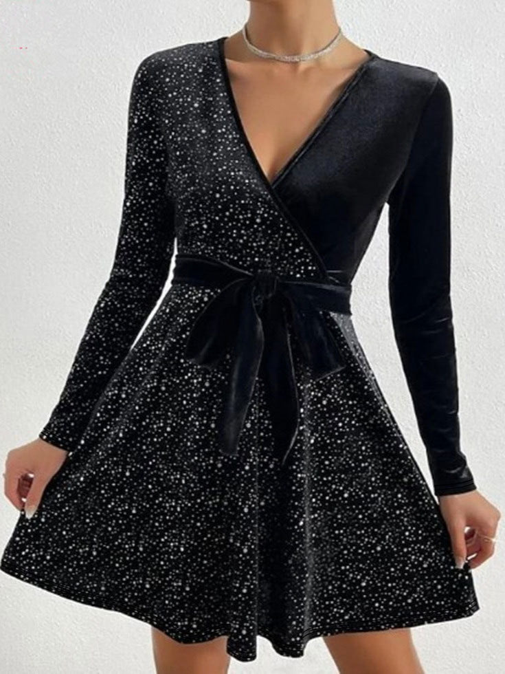 Spring Women's Fashion Elegant Long-Sleeve V-Neck Sequin Dress 4