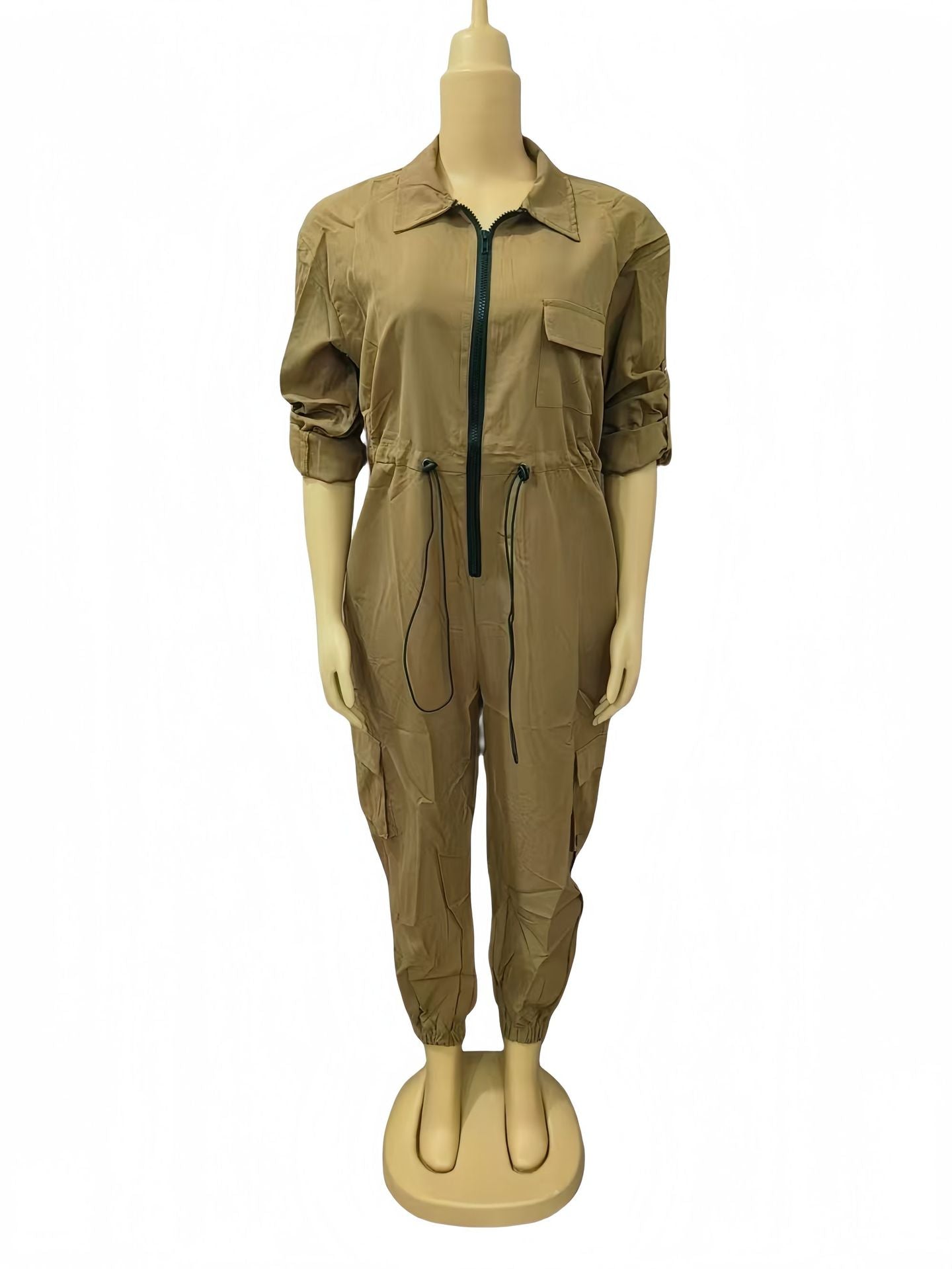 Plus Size Women Solid Turndown Collar pocket sexy Jumpsuit 3