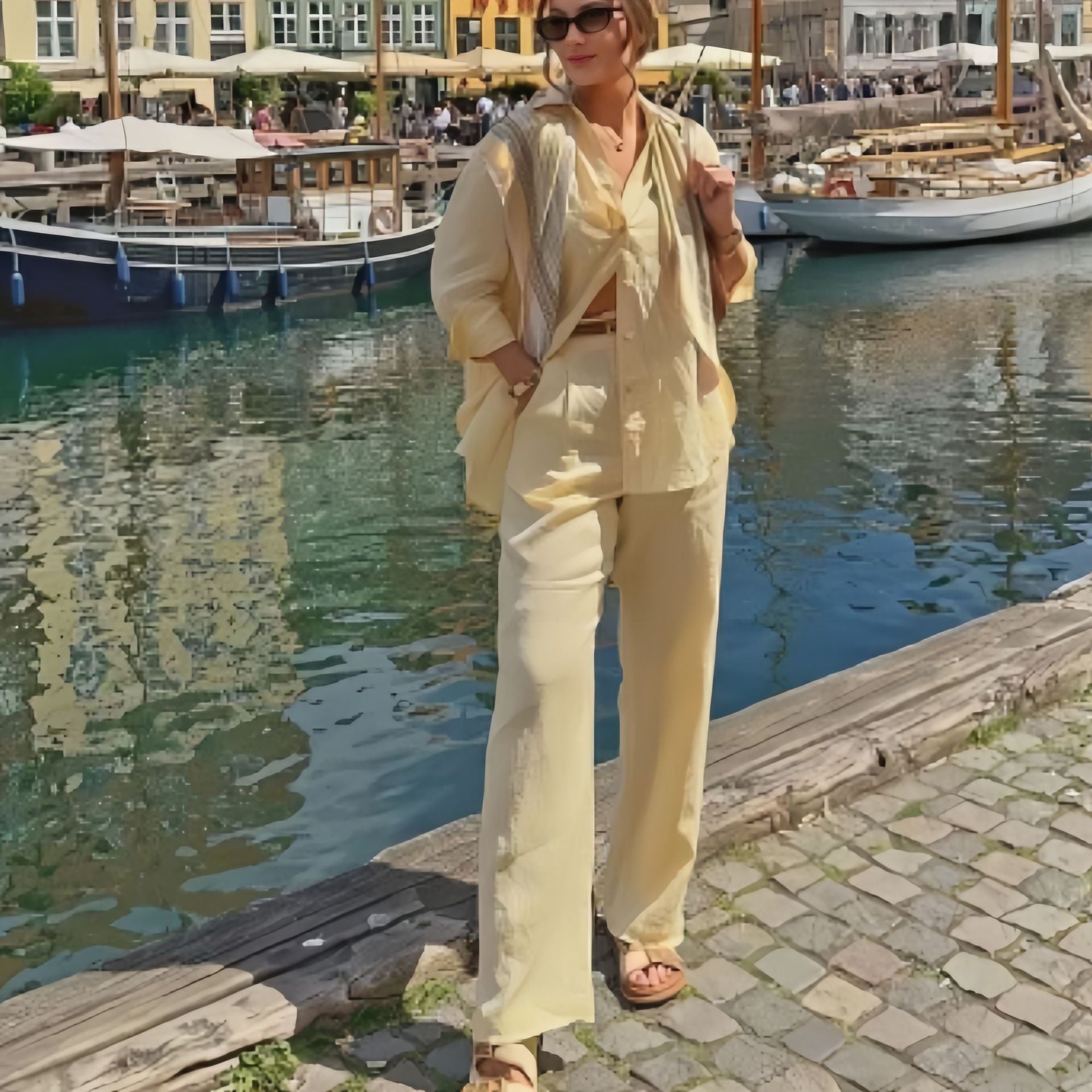 Women's Fashion Linen Solid Color Loose Long-Sleeve Blouse & Casual Pants Set 6