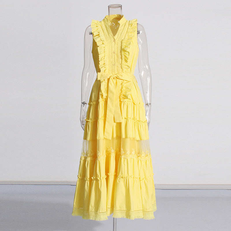 Women's Sleeveless Ruffle Chic Slim Waist Fashion Long Dress 4