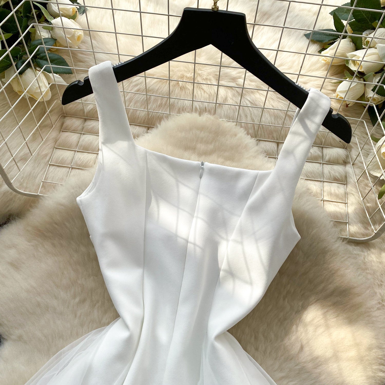 Women's Summer Square Neck Strap Mesh Patchwork Puffy Long Dress 28