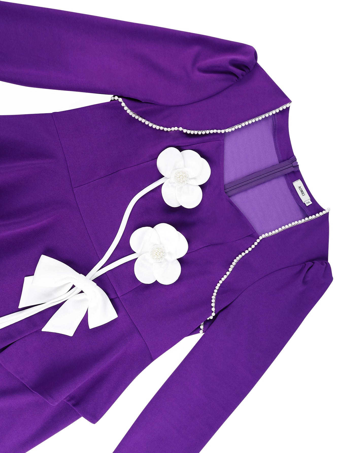 Women's Purple Square Neck Floral Color Block Long Sleeve Dress Slim Fit Party Bodycon Dress 7