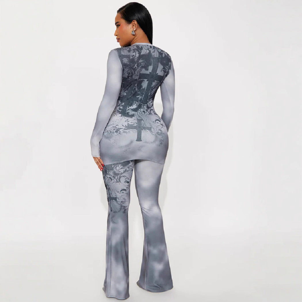 Women's Sexy Tie-Dye Gray Long Sleeve Top Flared Pants Two-Piece Set 3