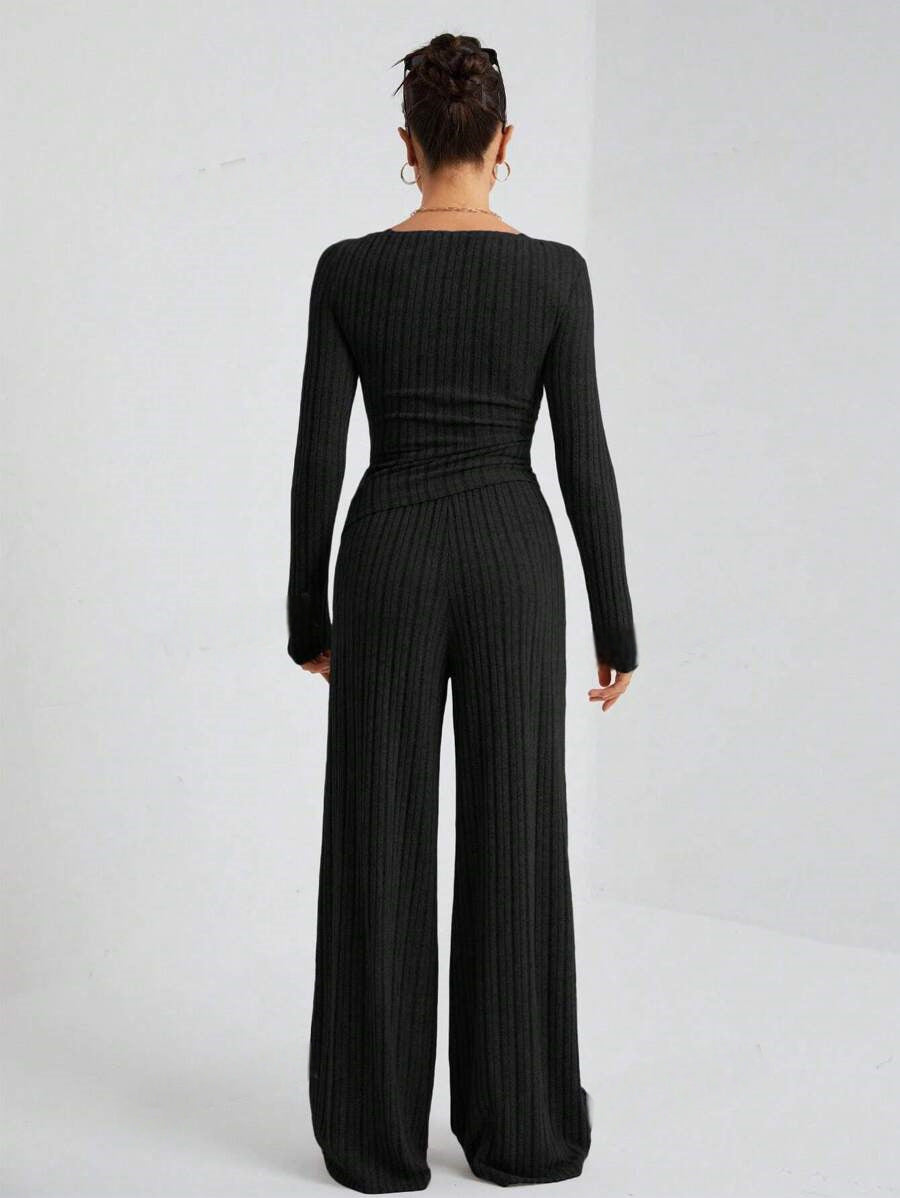 Autumn And Winter Casual Solid Color High Collar Knitting Long Sleeve Top Loose Trousers Two-Piece Set 10