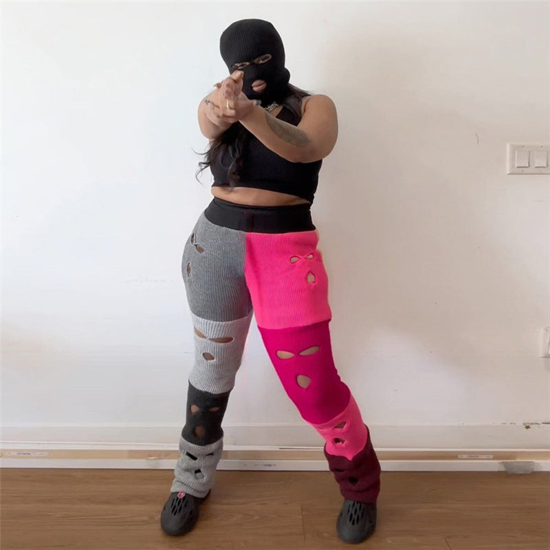 Autumn Casual Women Sexy Hollow Contrast Color Knitting High Waist Straight Pants 12