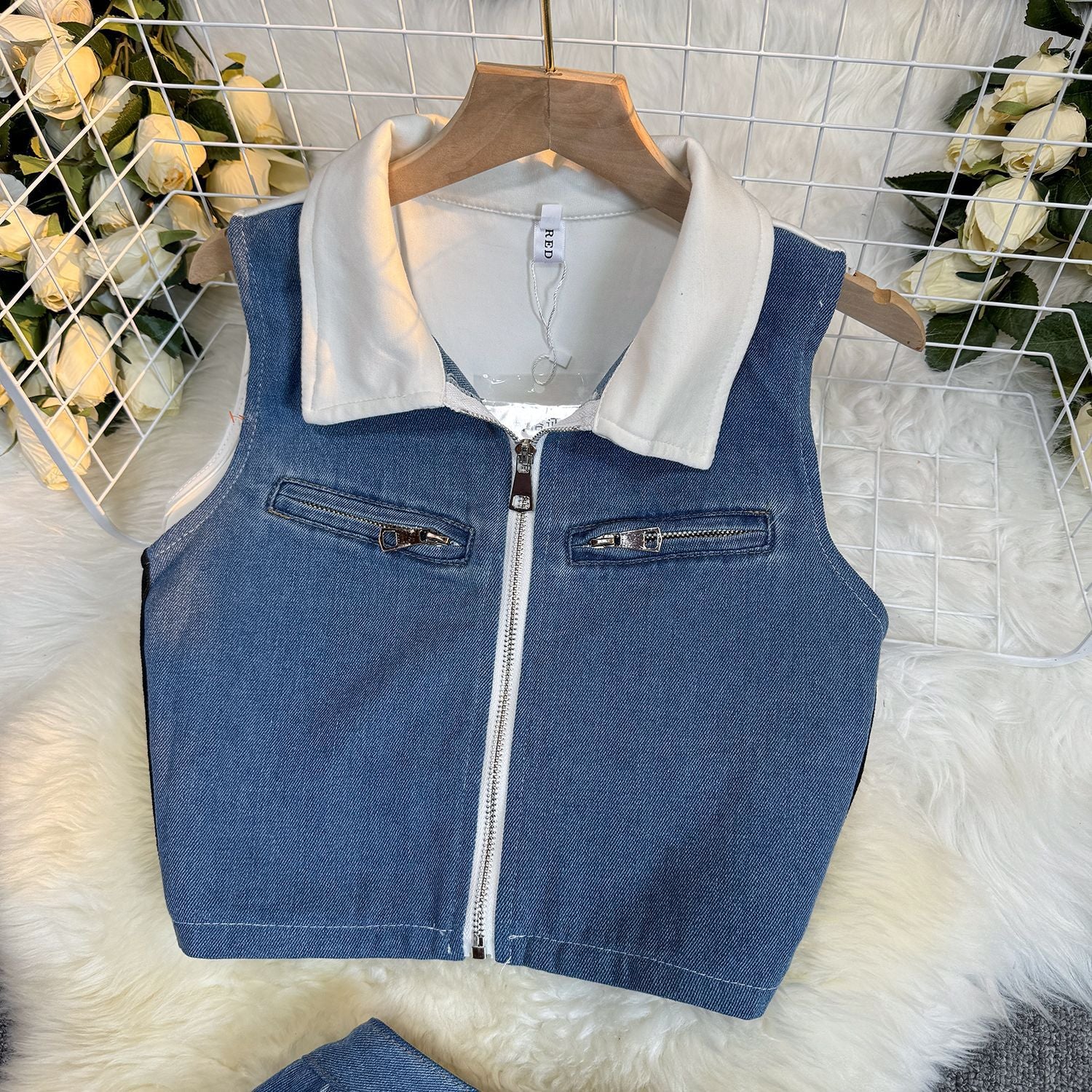 Summer Fashion Sleeveless Short Denim Patchwork Top Wide Leg Trousers Contrast Color Two piece Set for Women 13