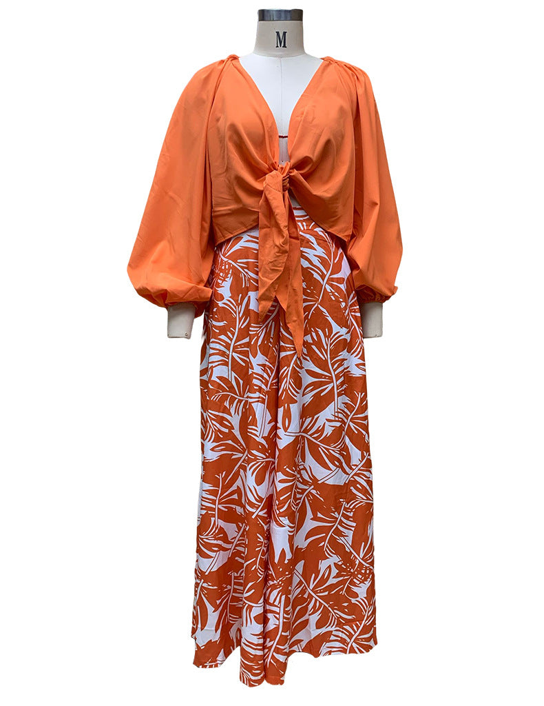 Autumn Women's Fashion Chic Print Pants Long Sleeve V-Neck Top Two-Piece Set 11