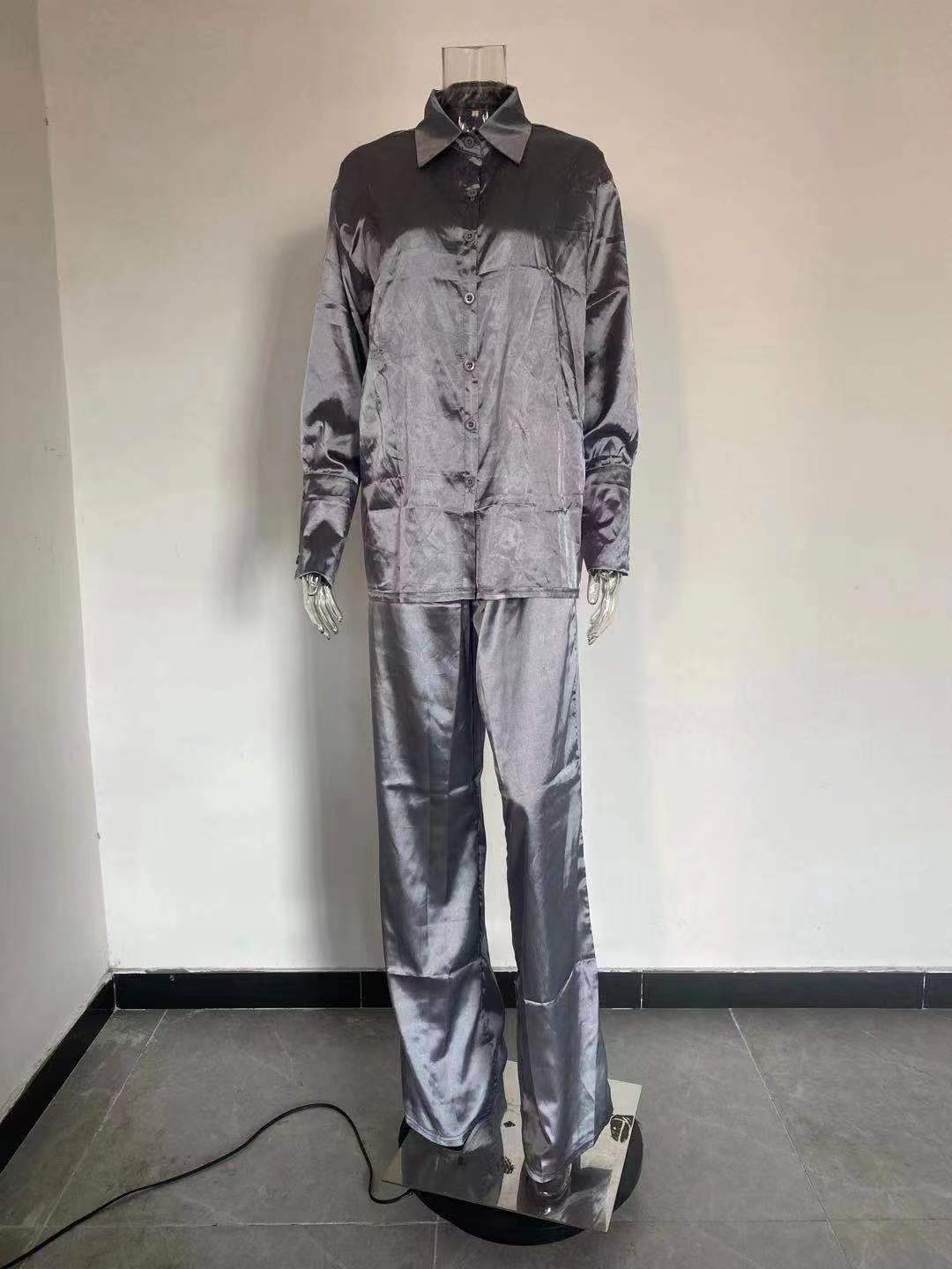 Solid Color Satin Long Sleeve Casual Two Piece Pants Set Trendy Lounge Wear 32