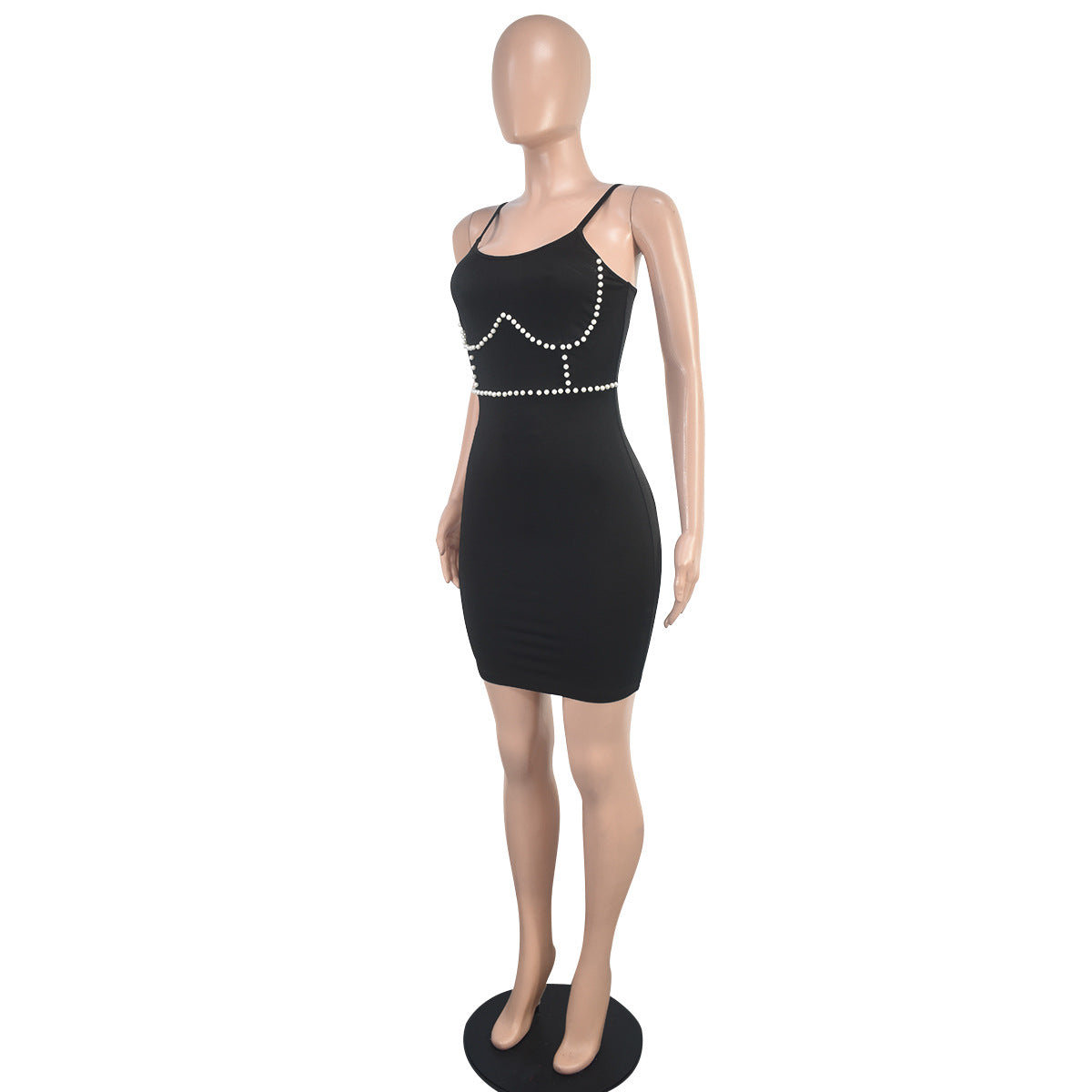 Women Solid Suspender Beaded Backless Bodycon Dress 6