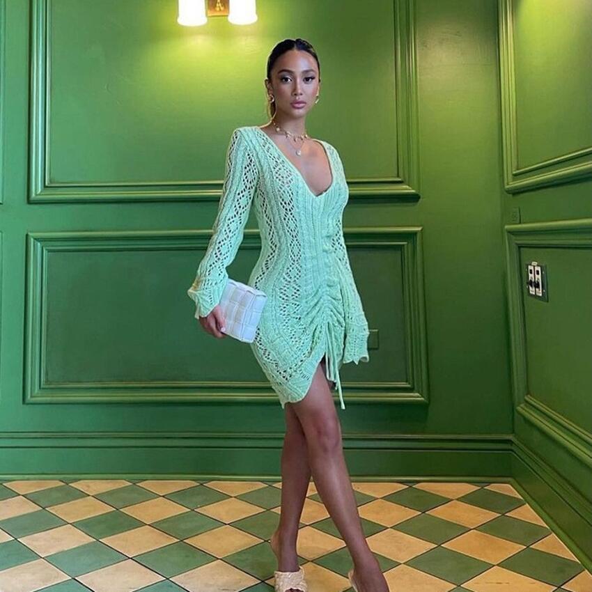 Women V neck hollow long sleeve Knitting dress 7