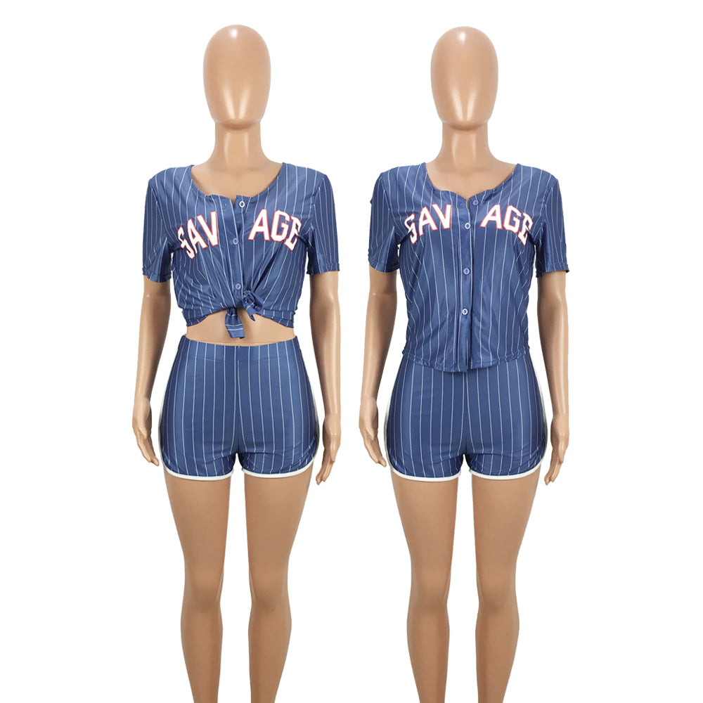 Women Sexy Women Striped Letter Baseball Top and Skirt Two-piece Set 46