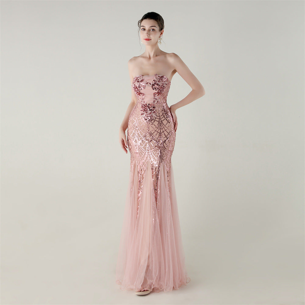 Women Strapless cross Lace-Up sequined tube flower sequined mesh evening dress Formal Party evening dress 82