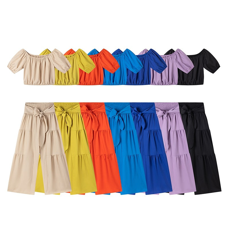 Women's Casual High-Waist Solid Color Flared Lace-Up Wide-Leg Pants Set 9