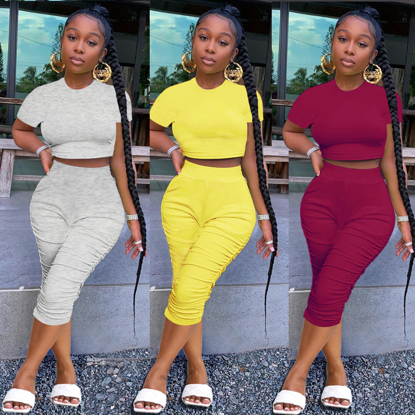 Summer Women's Solid Color Tight Fitting Cropped Short Sleeve T-Shirt Women's Pleated Two Piece Set 12