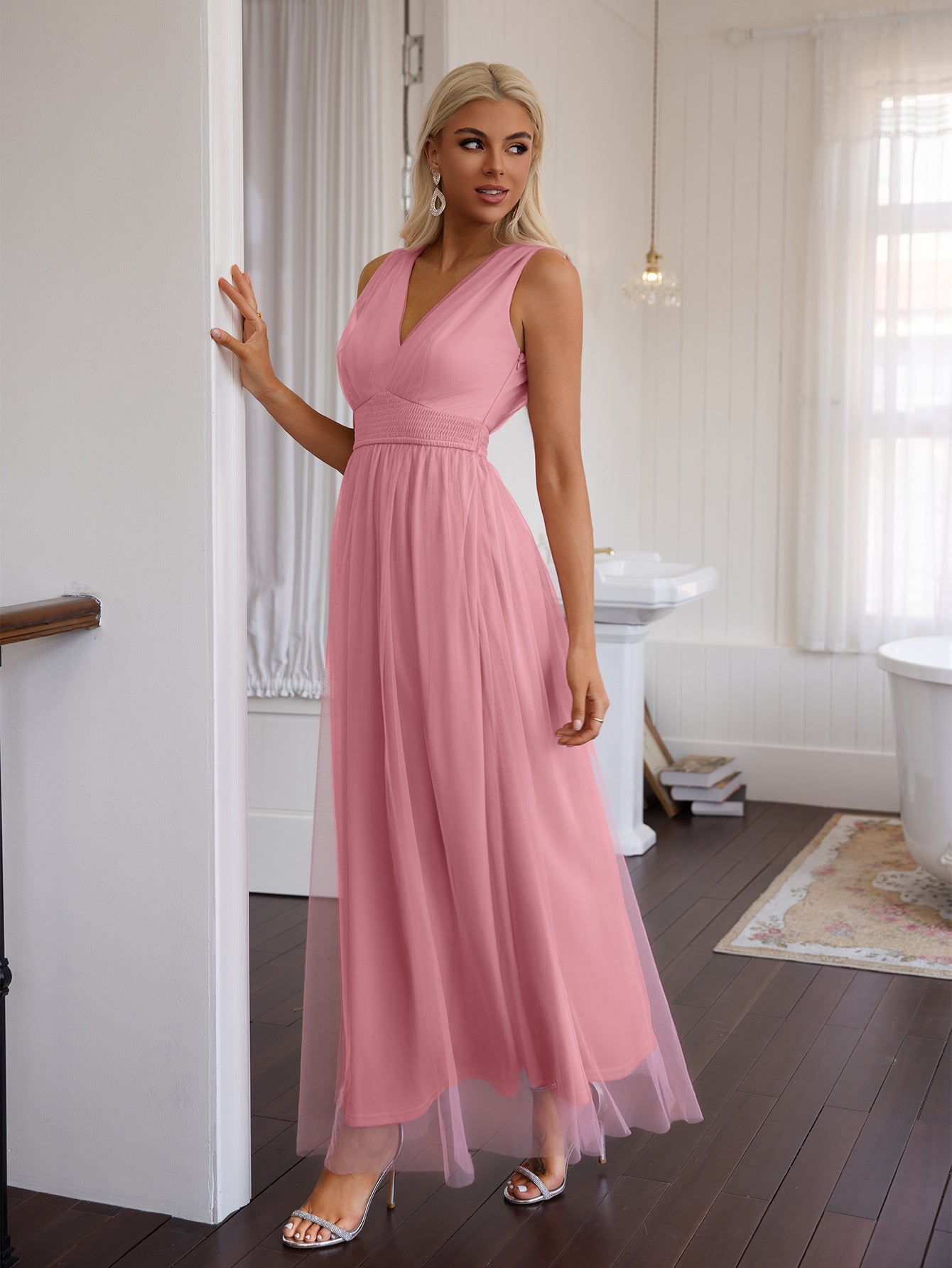 Women solid v-neck mesh dress 5