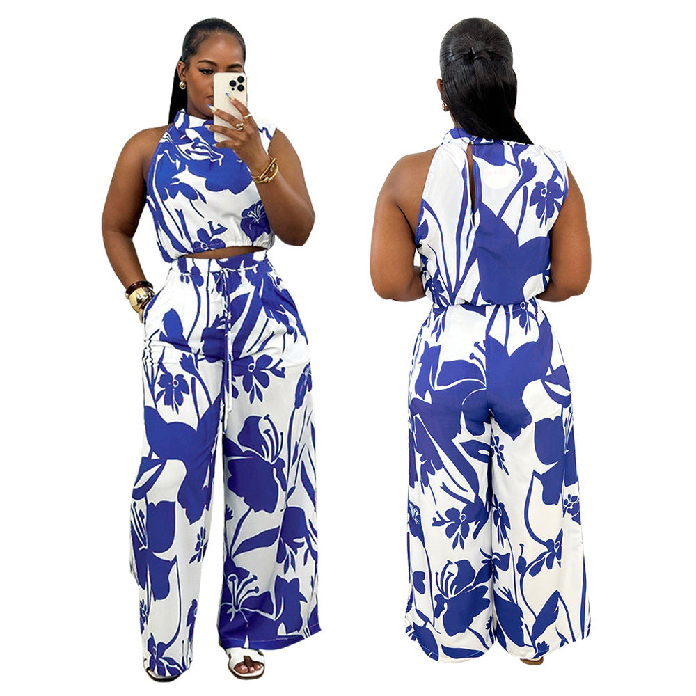 Fashion Women's Sleeveless Pocket Printed Two Piece Pants Set 3