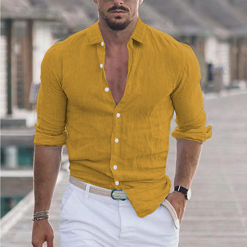 Men 's Summer Turndown Collar Long Sleeve Solid Color Beach Linen Shirt 15