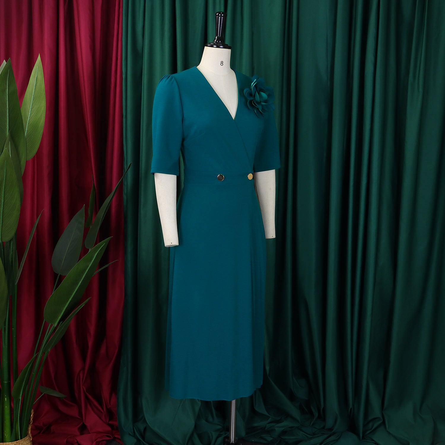 Women's Summer V-Neck Fashion Short Sleeve Solid Color Elegant Pleated African Dress 12