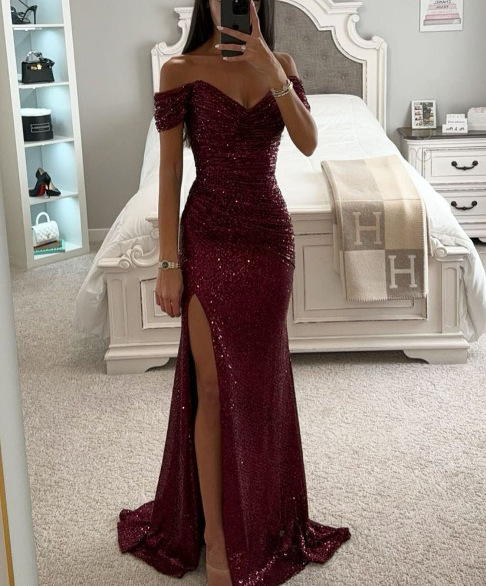 Women Sequin Off Shoulder Slit Dress