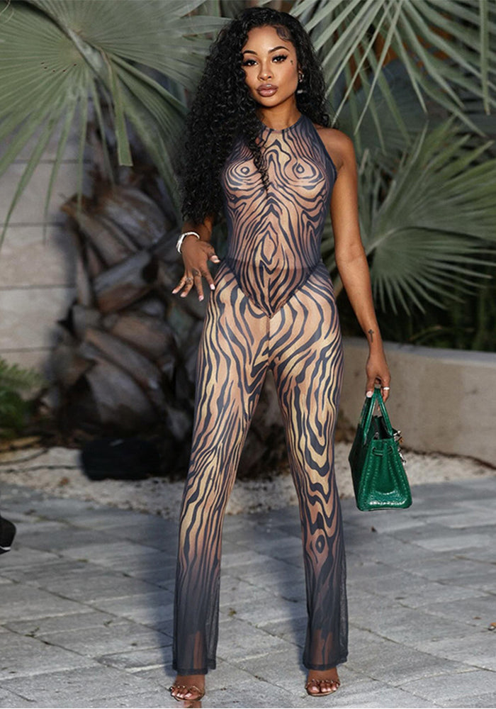 Women's Summer Autumn Mesh Printed Halter Neck Lace-Up Top and Pants Set