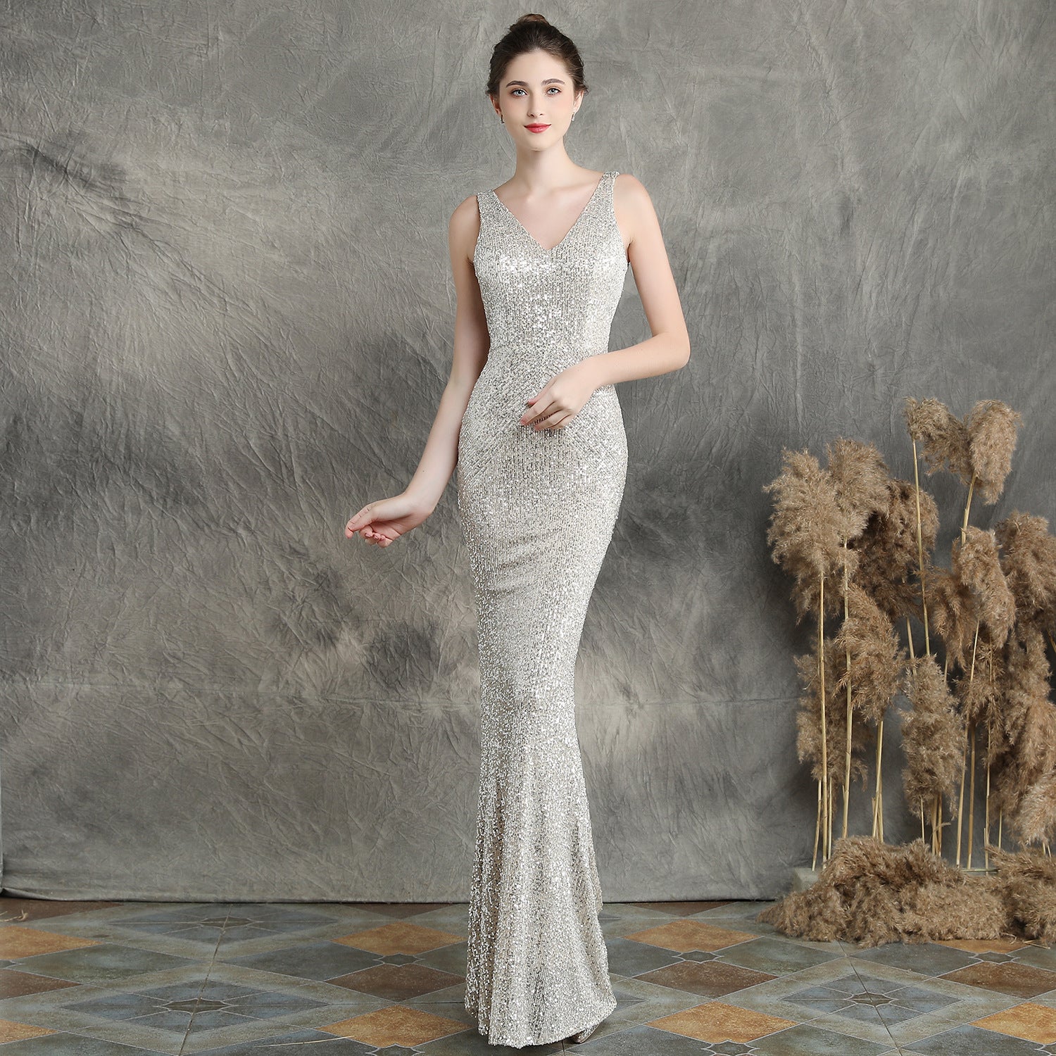 Women Elegant Sequined Slim Formal Party Maxi Mermaid Evening Dress 6