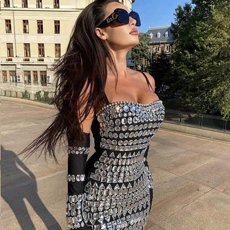 Women's Black Spiked Sleeves Straps Sleeveless Rhinestone Dress Women's Clothing 4