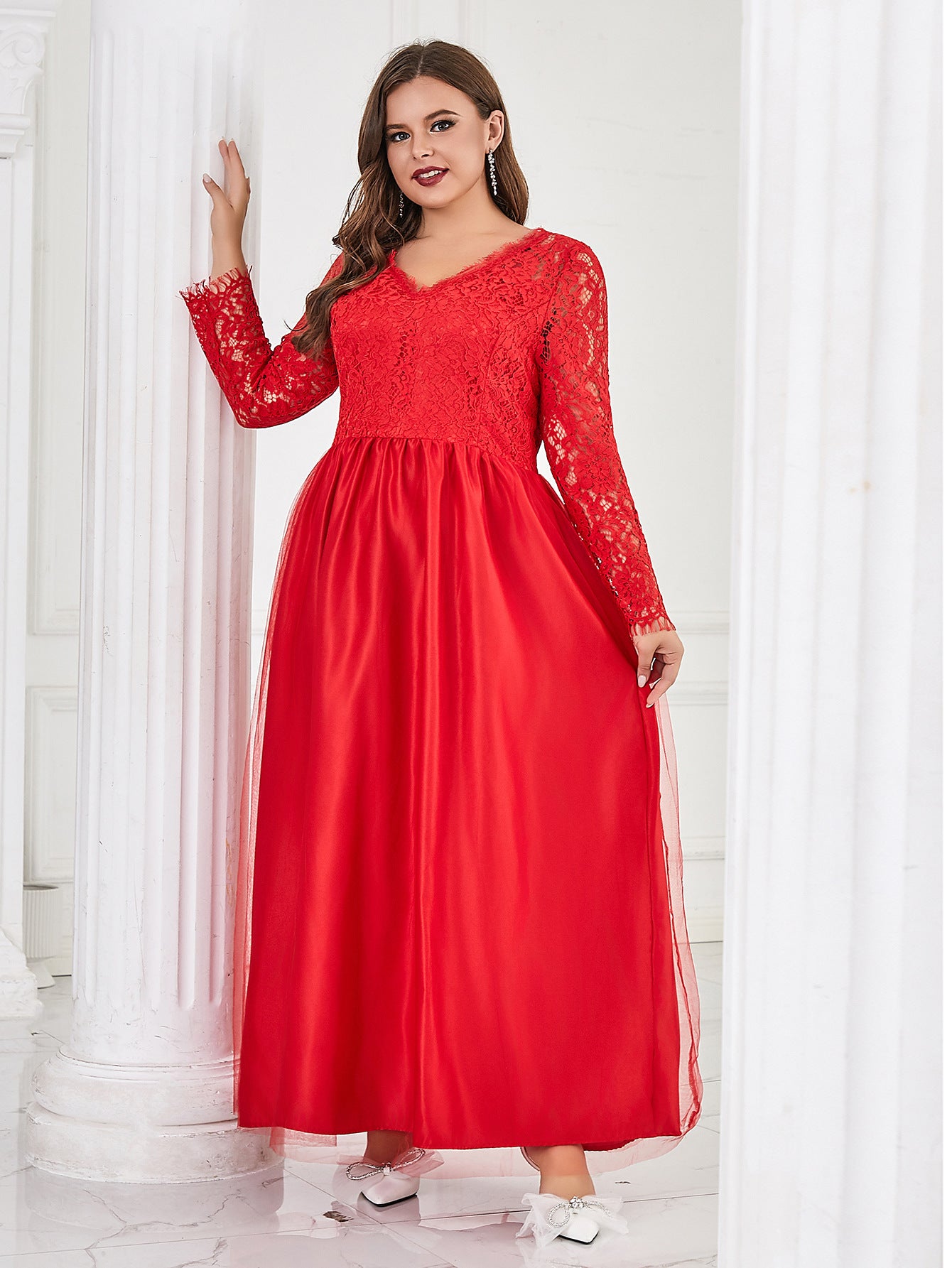 Plus Size Women Solid V-neck Long Sleeve Elegant Mesh Maxi Dress 6