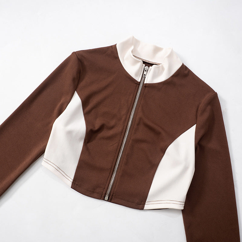 Women Fall/Winter Contrast Zipper Long Sleeve Top and Pants Casual Two-Piece Set 9