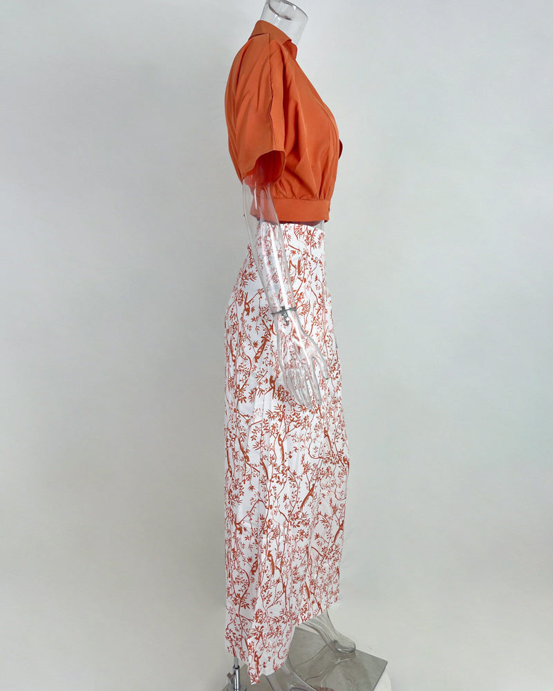 Women Clothes V-Neck Cropped Shirt Top Print Career Wide Leg Pants Two Piece Set 17