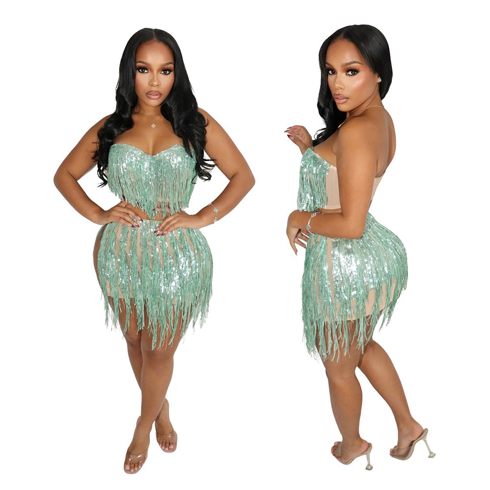 Strapless Top with Bodycon Skirt Fashion Fringe Two-Piece Women's Set