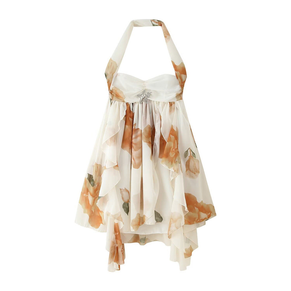 Summer Women's Fashion Chic Chiffon Holiday Print Halter Neck Mini Dress 5