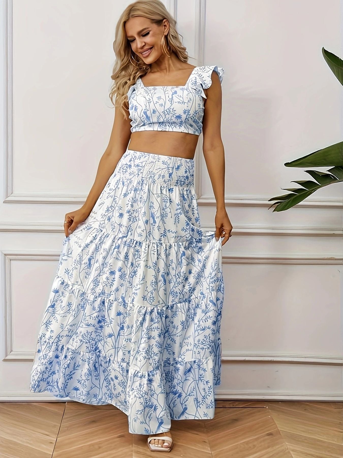 Square Neck Crop Top Printed Skirt Two Piece Set