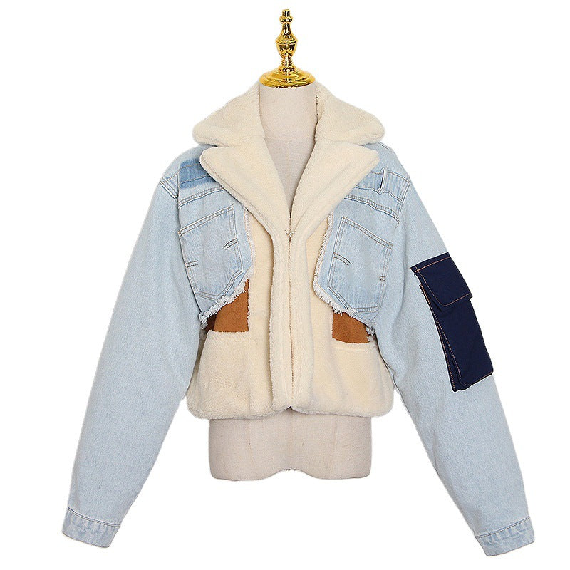 Women Lamb Wool Patchwork Loose Casual Denim Crop Jacket 14