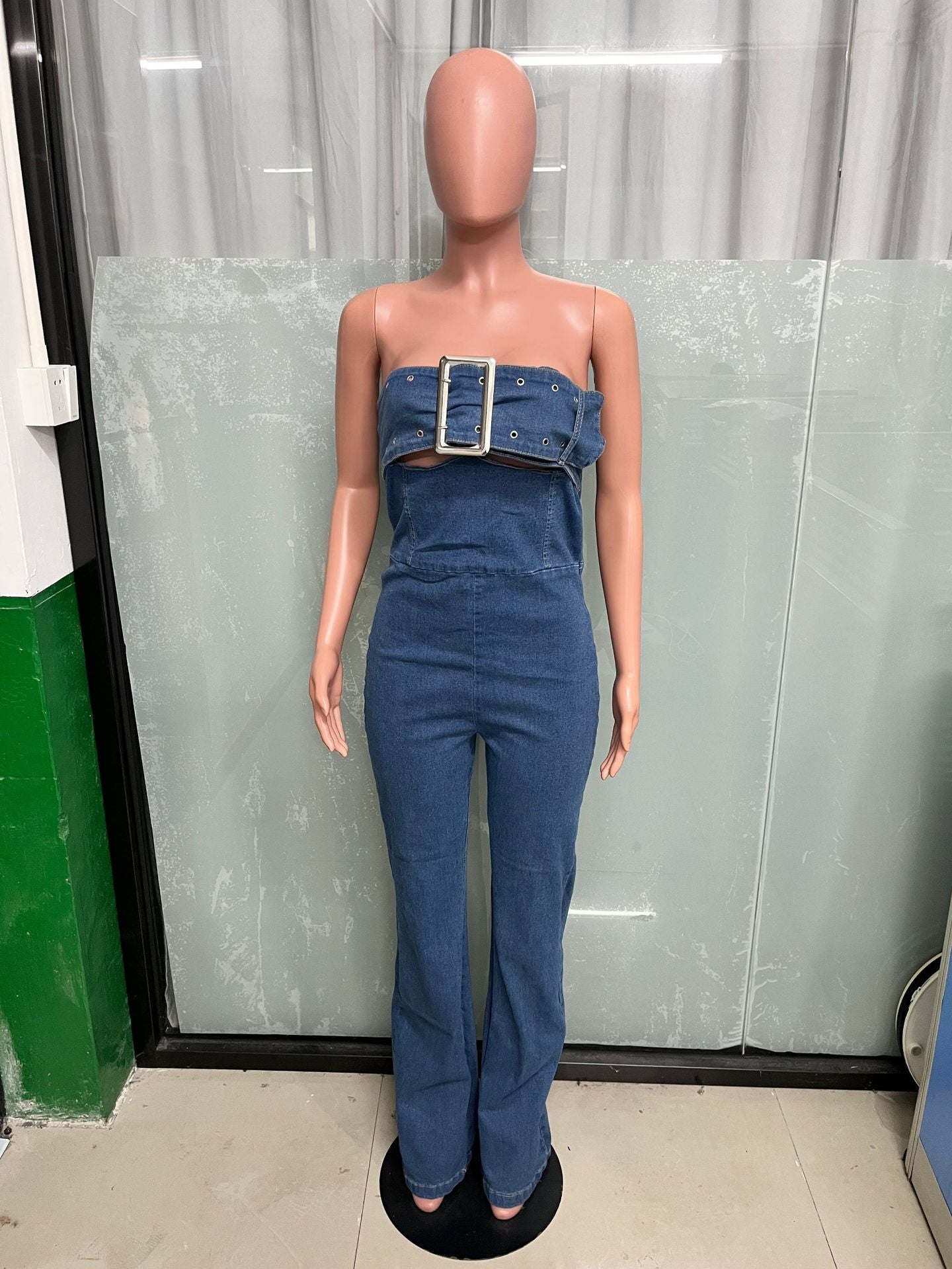 Women Casual Sexy Strapless Backless Adjustable Strap Denim Jumpsuit 7