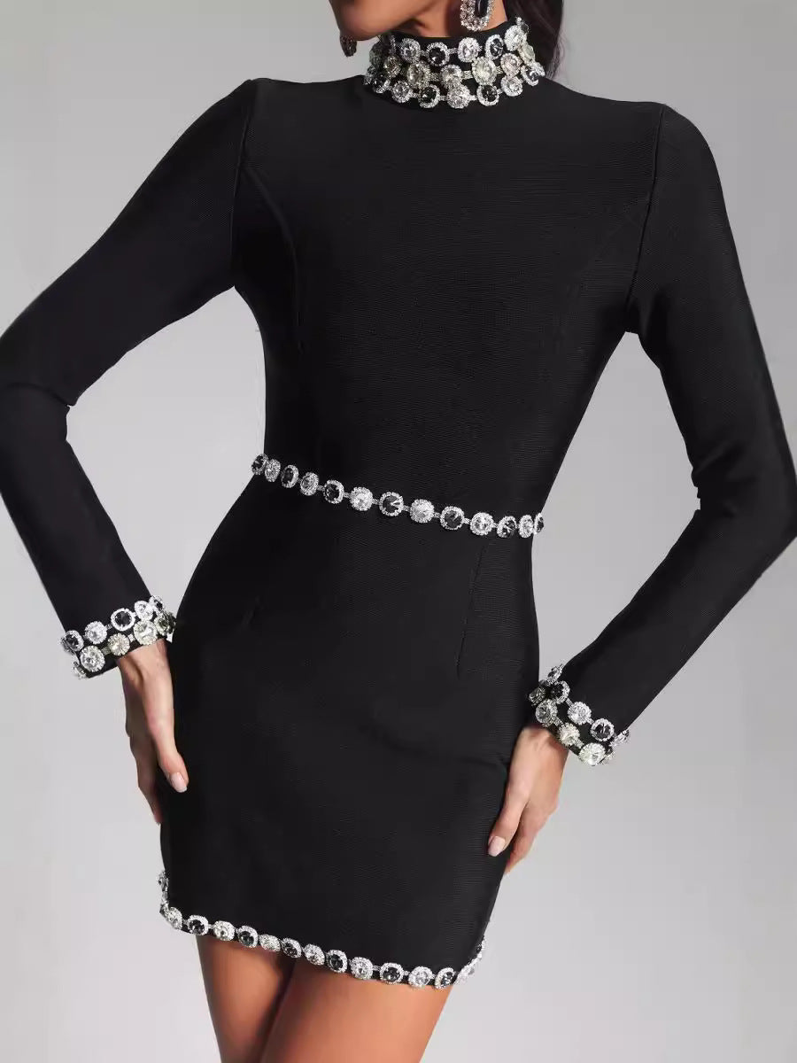 Sexy Fashion Slim Long Sleeve Bandage Beaded Women's Short Dress 3