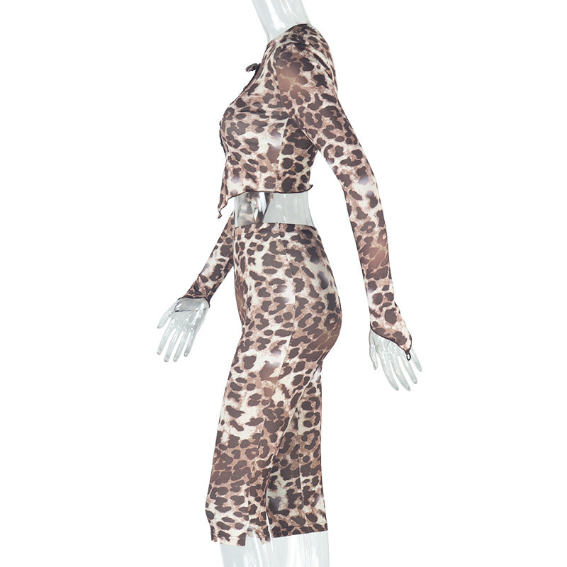 Women Leopard Print Asymmetrical Off-shoulder Long Sleeve Top and ShortsTwo Piece Set 7