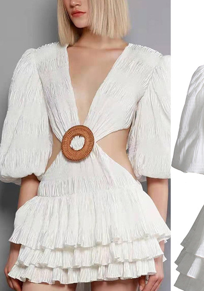 Women French Vintage Fall Cut Out V-Neck Balloon Sleeve Sexy Mini Dress