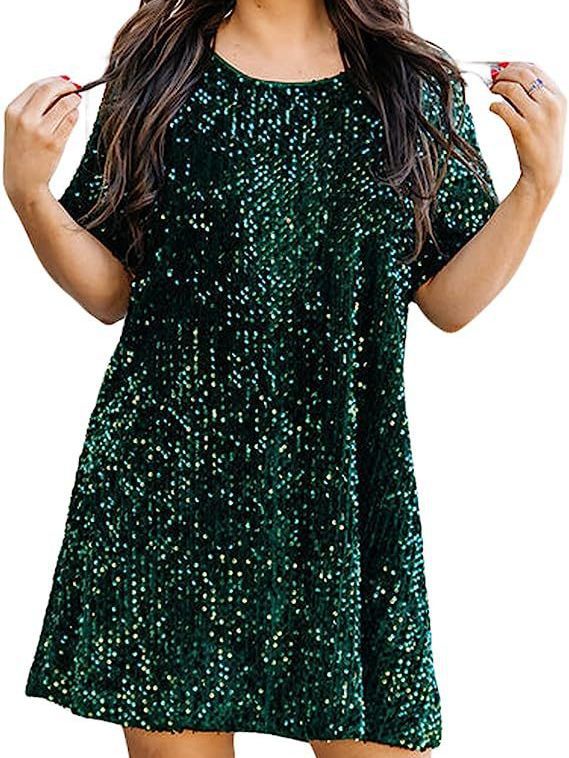 Women 's Sequin Half Sleeve Round Neck Ruffle Loose Formal Party Dress 6