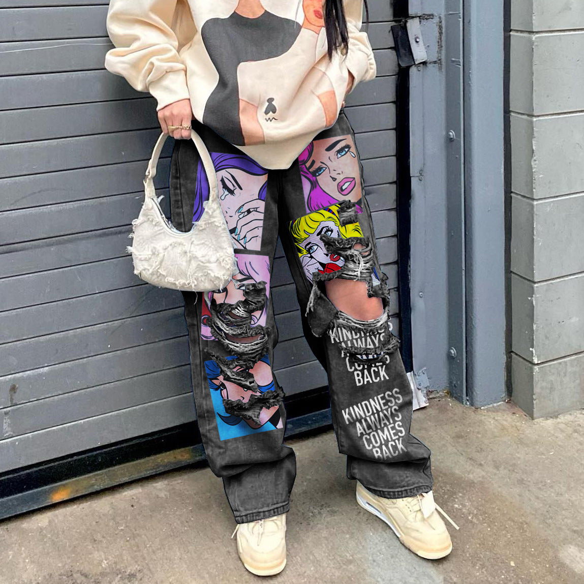 American Retro High Street Printed Wash Denim Pants Casual Women Wide Leg Jeam