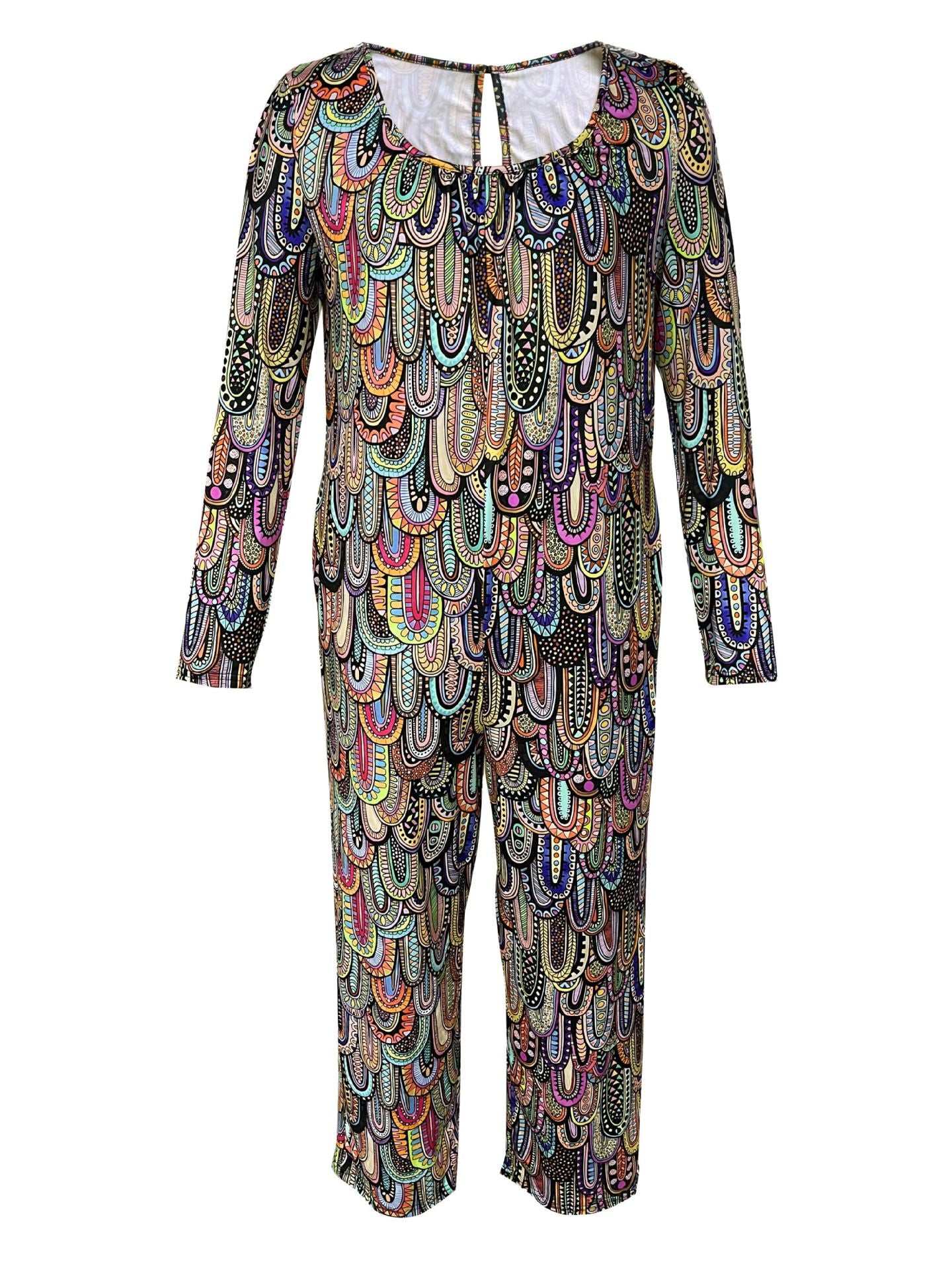 Women Print Casual Round Neck Loose Long Sleeve Jumpsuit 14