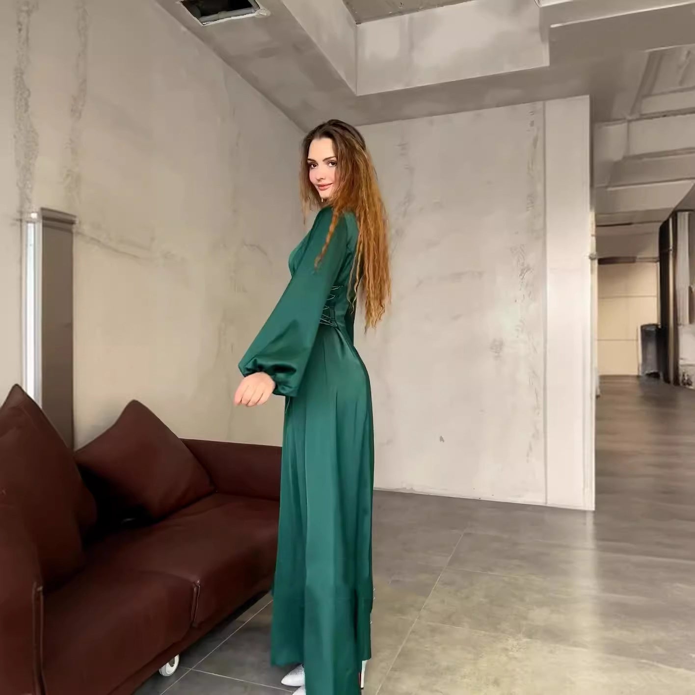 Women Spring Lace-up Puff Sleeve Dress 4