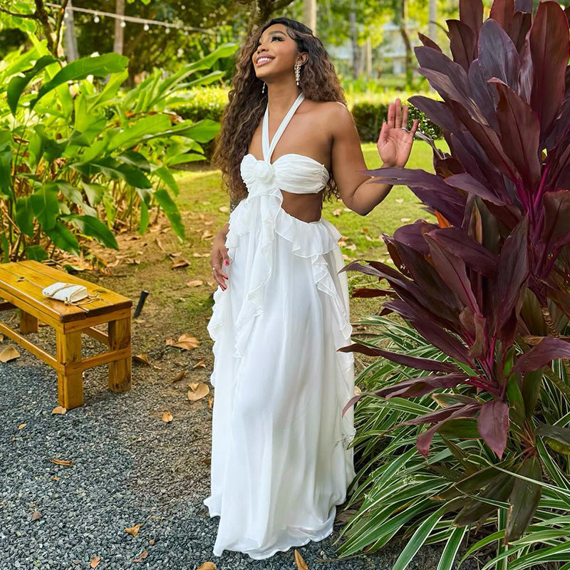 Women's Autumn Halter Neck Chic Strapless Low Back Long Dress