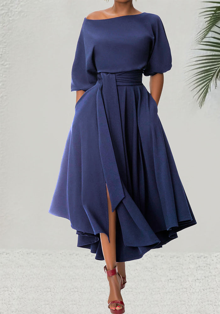 Chic Elegant Solid Color Slash Shoulder Belt Irregular Dress