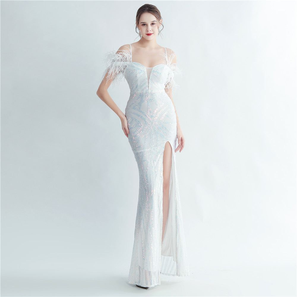 Positioning sequin feather straps off shoulder formal party evening dress 19