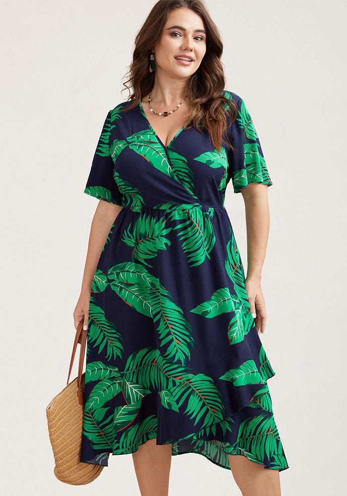 Plus Size Women Spring Summer Casual V Neck Printed Dress
