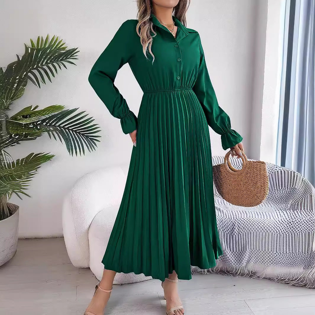 Autumn Winter Casual Turndown Collar Button Long Sleeve Slim Waist Pleated Women's Long Dress 8