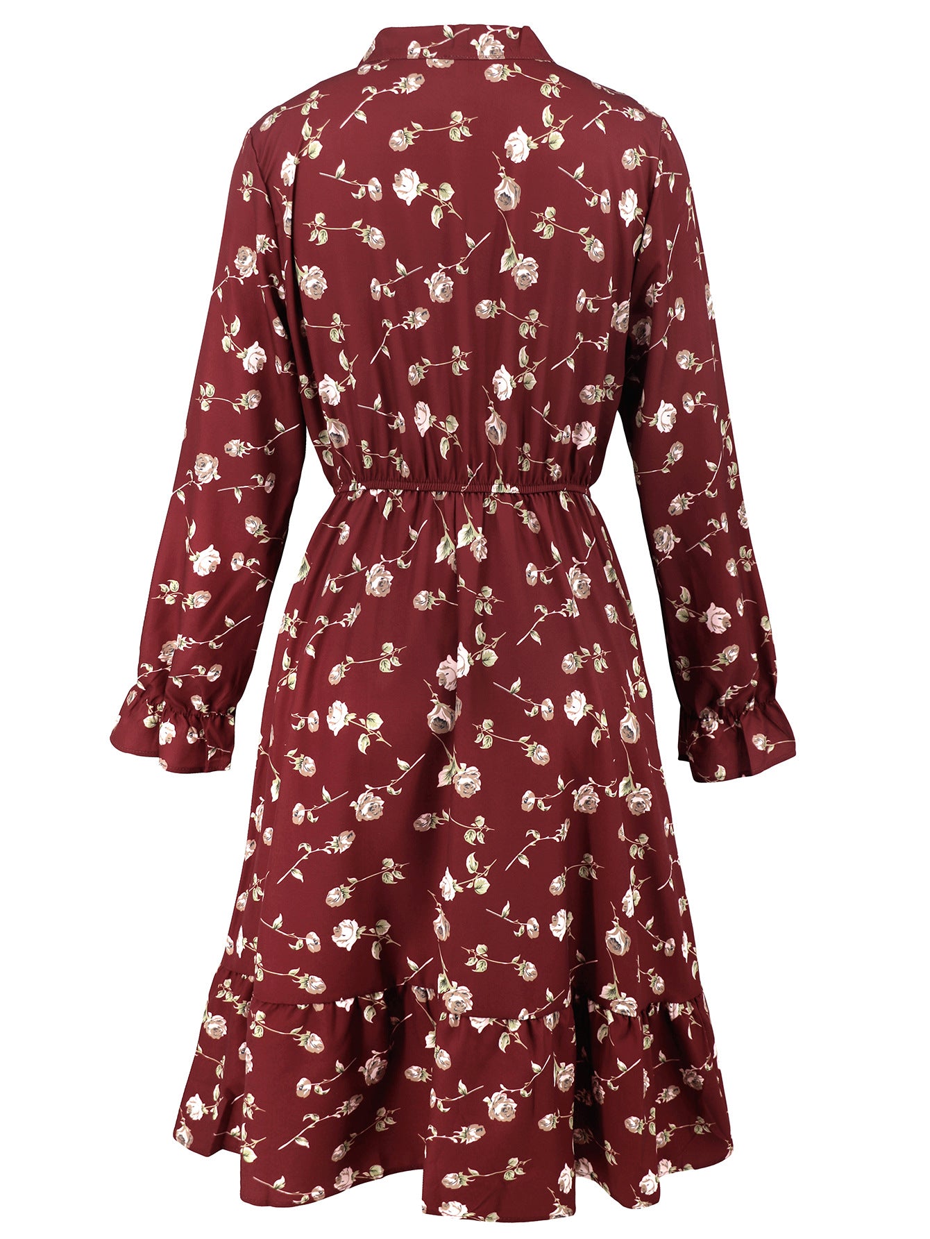 Spring Women's Slim Waist Bell Bottom Long Sleeve Ruffle Floral Dress 21