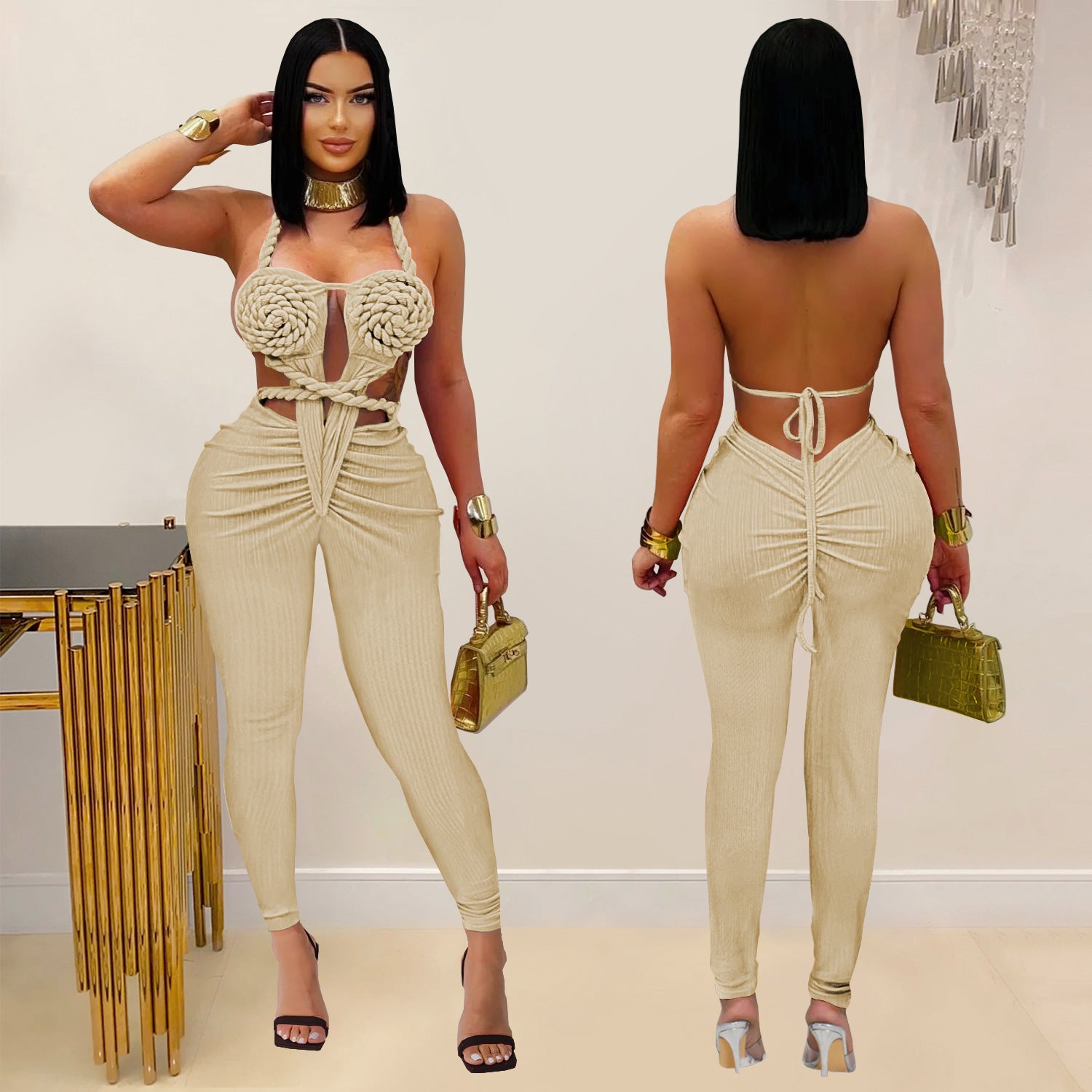 Women Sexy Casual Halter Neck Backless Solid Jumpsuit 6