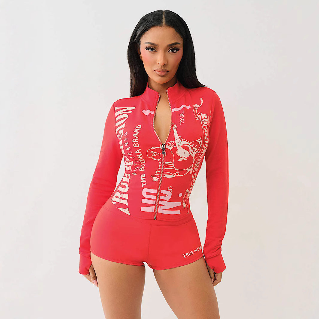 Women's Fashion Printed Long Sleeve Two Piece Shorts Set 6