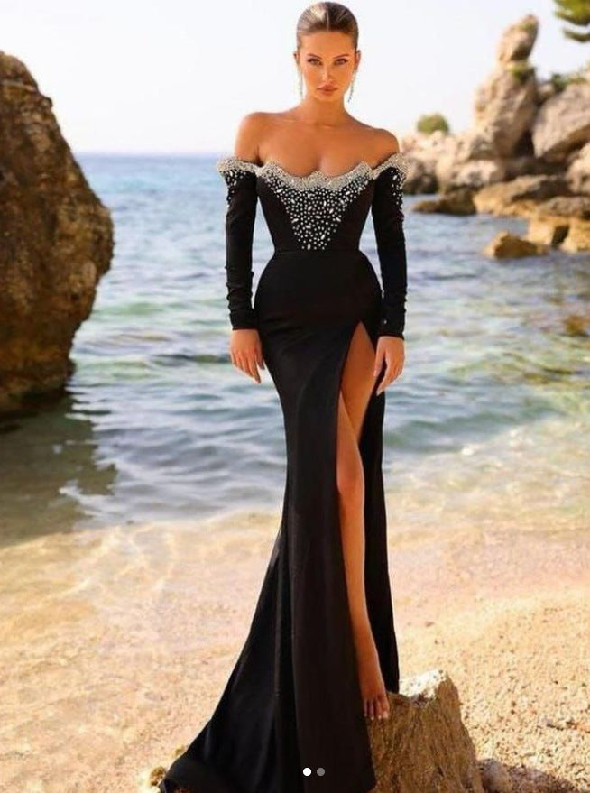 Women Black Luxury Velvet Formal Party Long Sleeve Bead Chain Slit Evening Dress